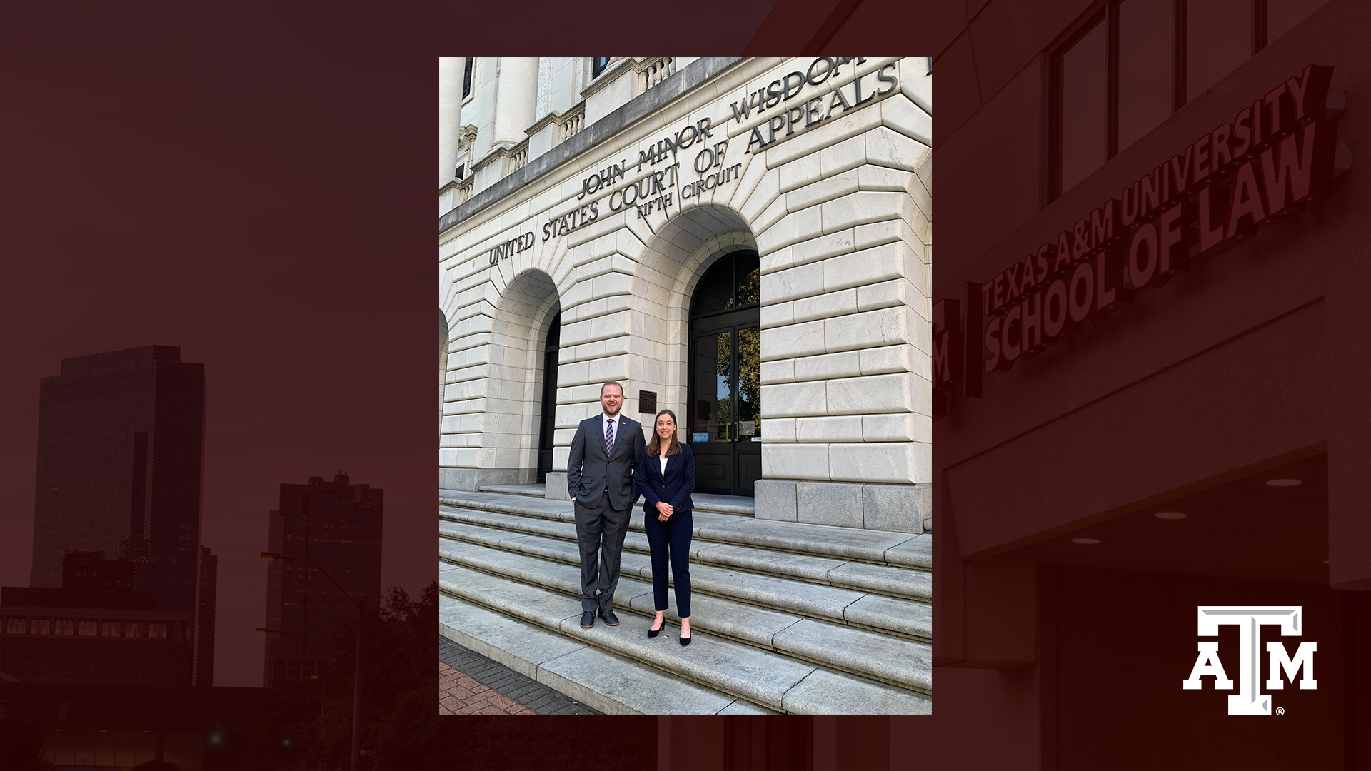 James Jackson (left) and Samantha Davis (right) stand in front of the John Minor Wisdom Courthouse in New Orleans